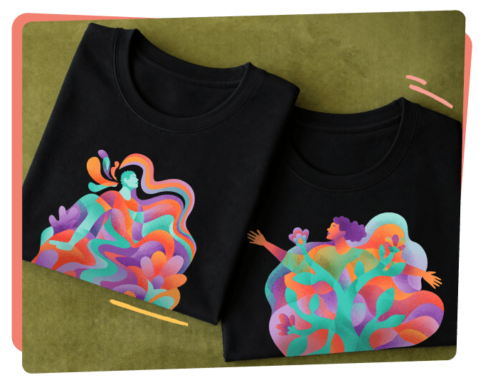 Two folded black Wear It Out t-shirts. Each printed with colorful abstract artwork of figures and flowing shapes